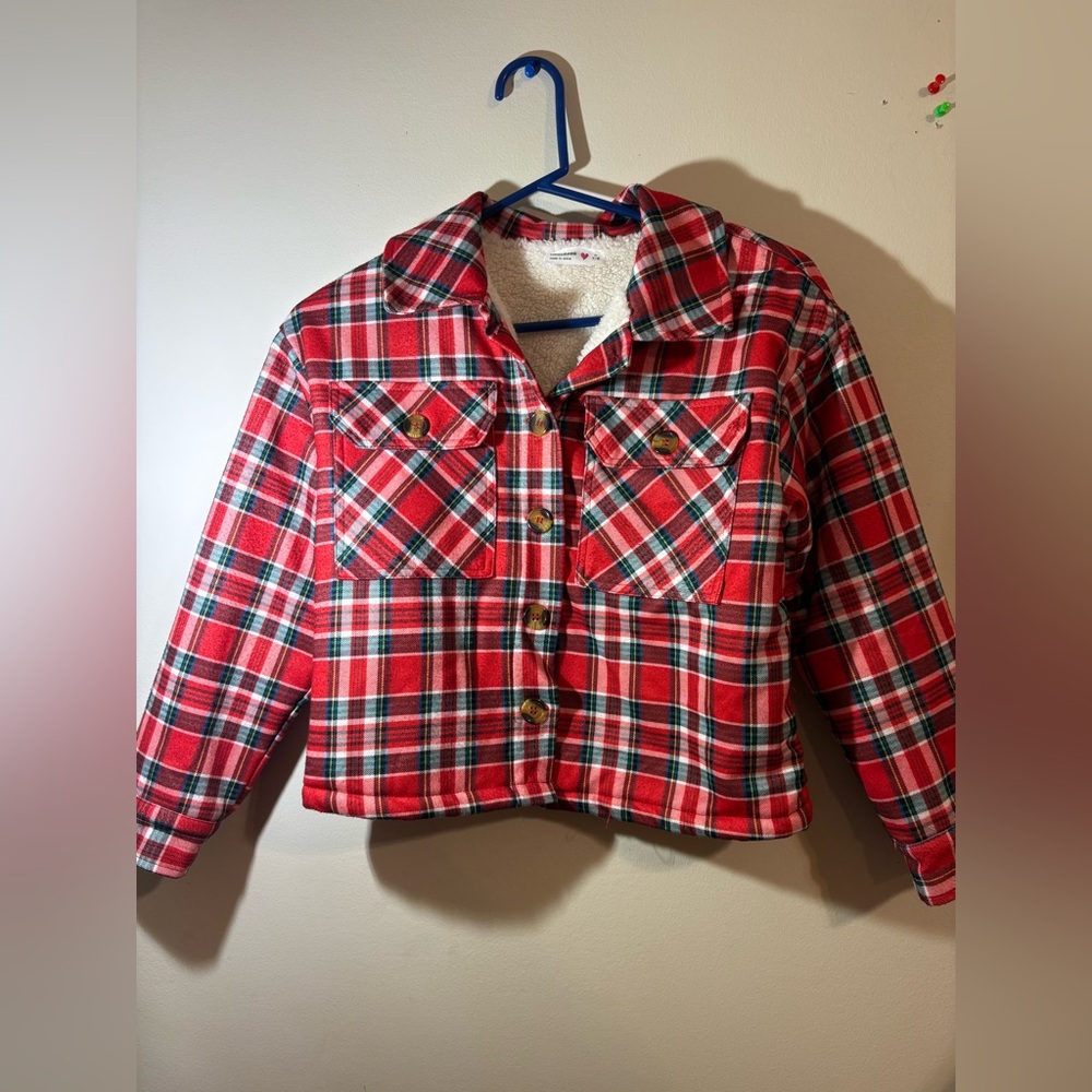 Beautees Shacket Girls small‎ 7/8 red white black plaid jacket front pockets